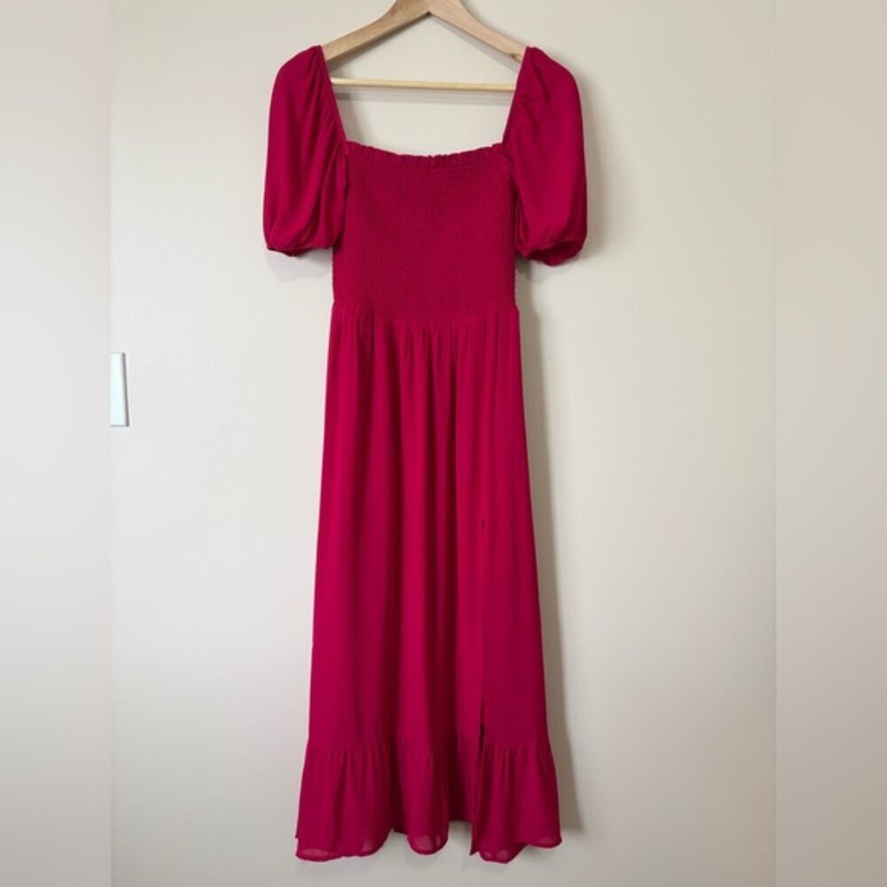 NEW Reformation Meadow Puff Sleeve Smocked Midi Dress Rhubarb Pink Red | size S - Picture 5 of 13